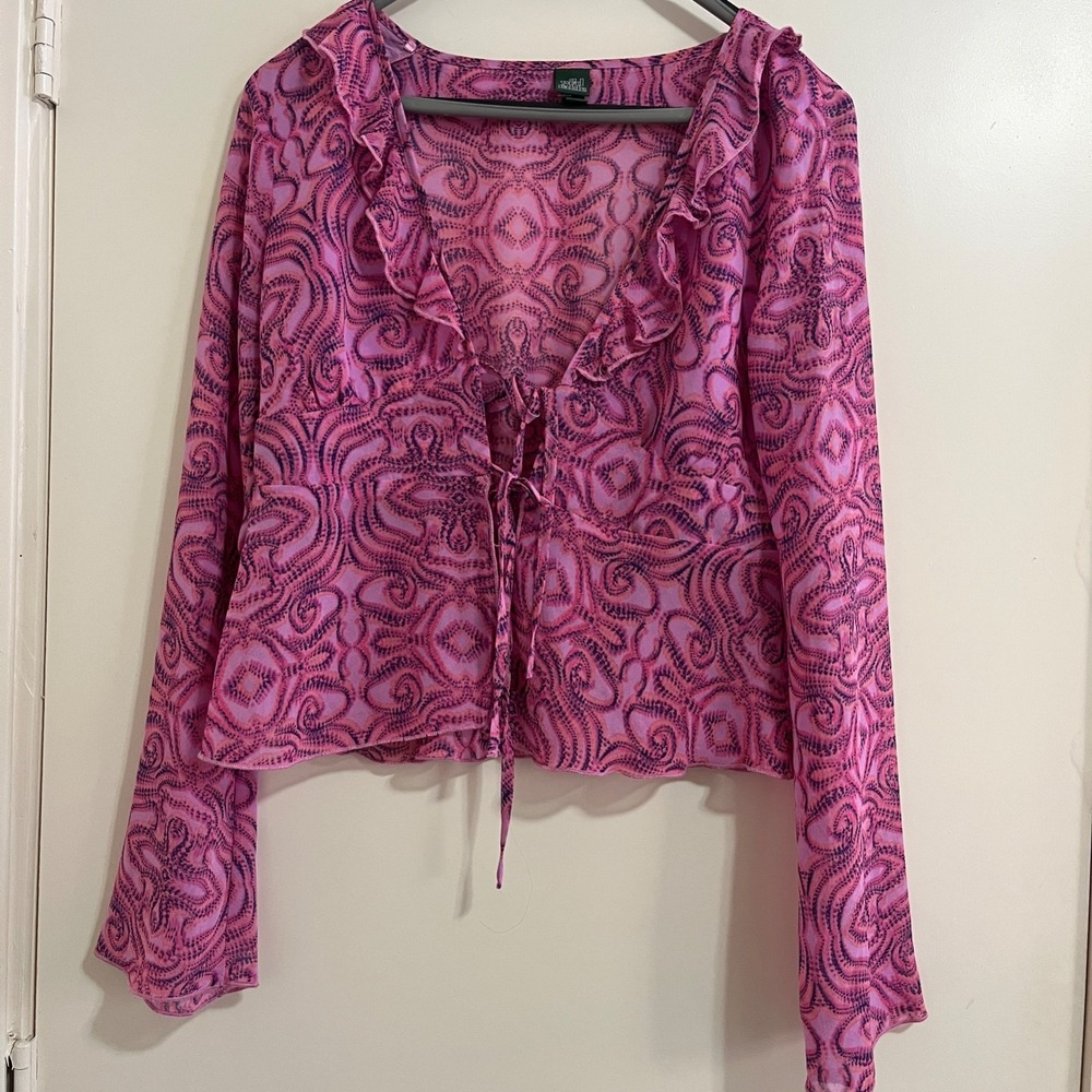 Paisley Sheer Mesh Tie Front Top Medium Pink Bell Sleeves Y2K Ruffle Psychedelic